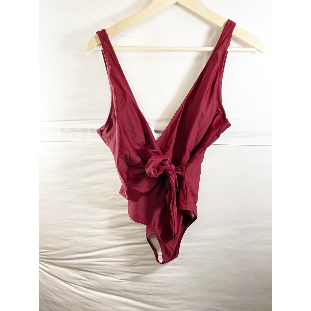 Cupshe Tie Front Plunge Maroon One Piece Swimsuit Size L